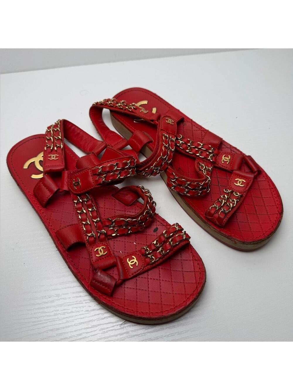 Chanel Red Quilted Leather Chain Dad Sandals Gold CC G33800 Women's SZ 37 / US 7